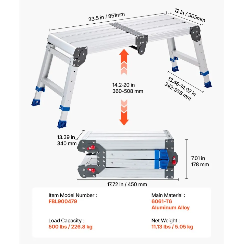 VEVOR Folding Work Platform, Adjustable Height 14.2-20 in, 500 lbs Capacity Aluminum Step Stool, Heavy Duty Non-Slip Platform Ladder, Portable Work Bench for Painting, Cleaning, Home & Professional