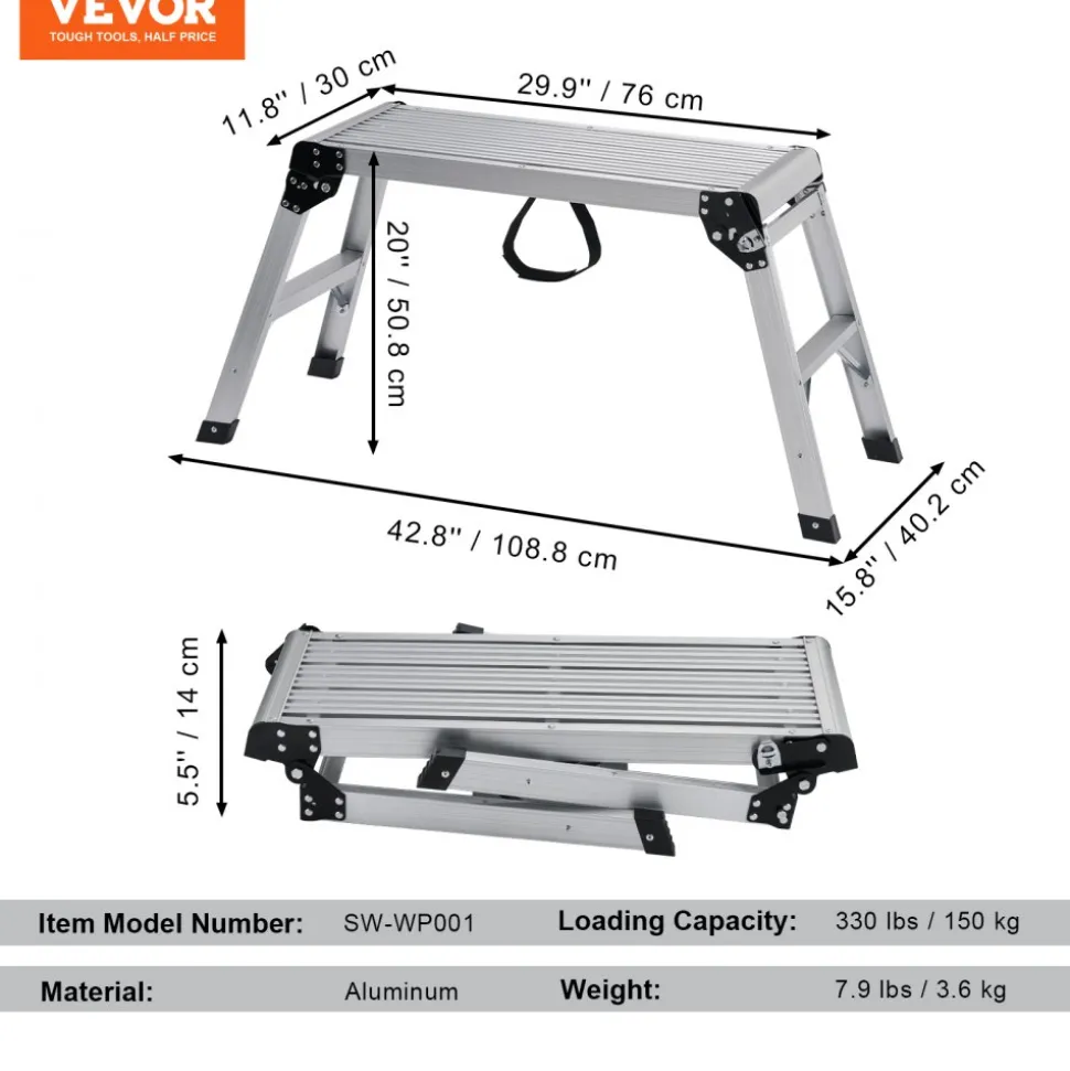 VEVOR Folding Work Platform, 330 lbs Load Capacity, Aluminum Drywall Stool Ladder, Heavy Duty Work Bench w/ Non-Slip Feet, Ideal for Washing Vehicles, Cleaning, Painting, Decorating