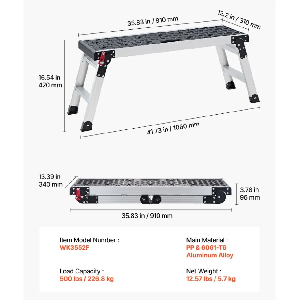 VEVOR Folding Work Platform, 35.8 x 12.2 in Aluminum Step Stool, 16.5 in Height, 500 lbs Load Capacity, Heavy Duty Platform Ladder with Locks, Portable Work Bench for Painting & Maintenance & Home