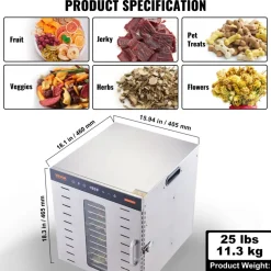 VEVOR Food Dehydrator Machine, 10 Stainless Steel Trays, 1000W Electric Food Dryer with Digital Adjustable Timer & Temperature for Jerky, Herb, Meat, Beef, Fruit, Dog Treats and Vegetables