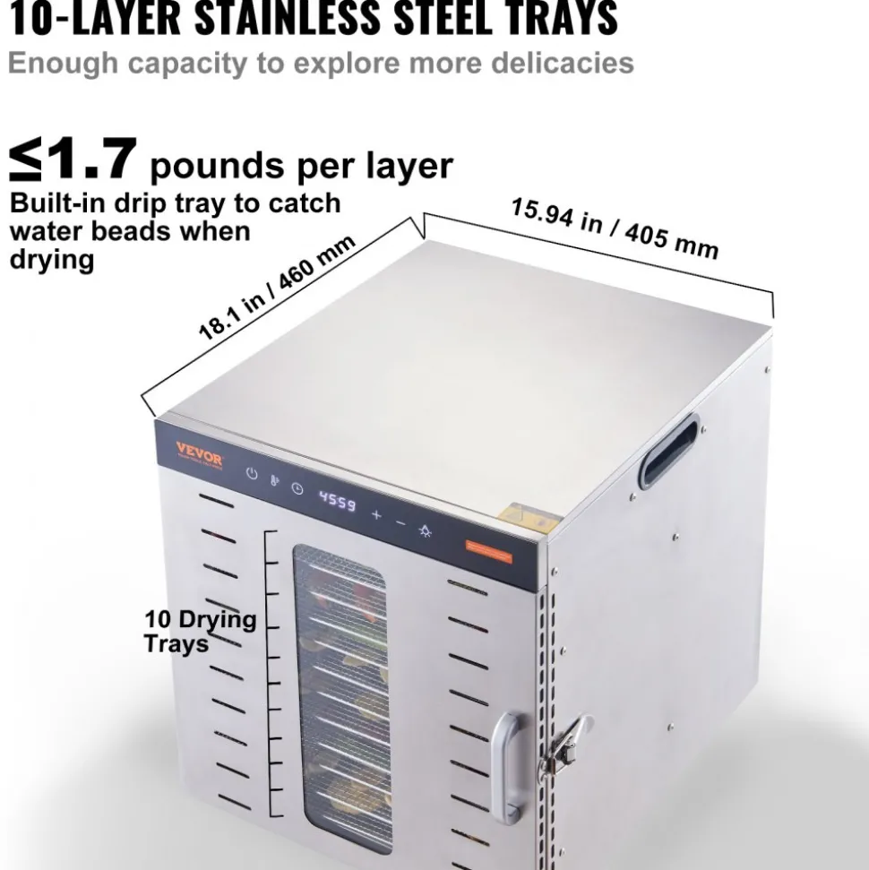 VEVOR Food Dehydrator Machine, 10 Stainless Steel Trays, 1000W Electric Food Dryer with Digital Adjustable Timer & Temperature for Jerky, Herb, Meat, Beef, Fruit, Dog Treats and Vegetables