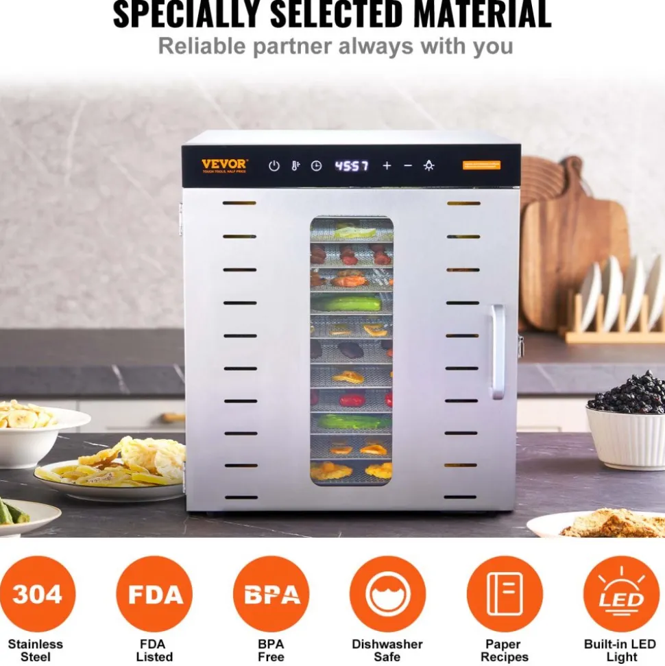 VEVOR Food Dehydrator Machine, 10 Stainless Steel Trays, 1000W Electric Food Dryer with Digital Adjustable Timer & Temperature for Jerky, Herb, Meat, Beef, Fruit, Dog Treats and Vegetables