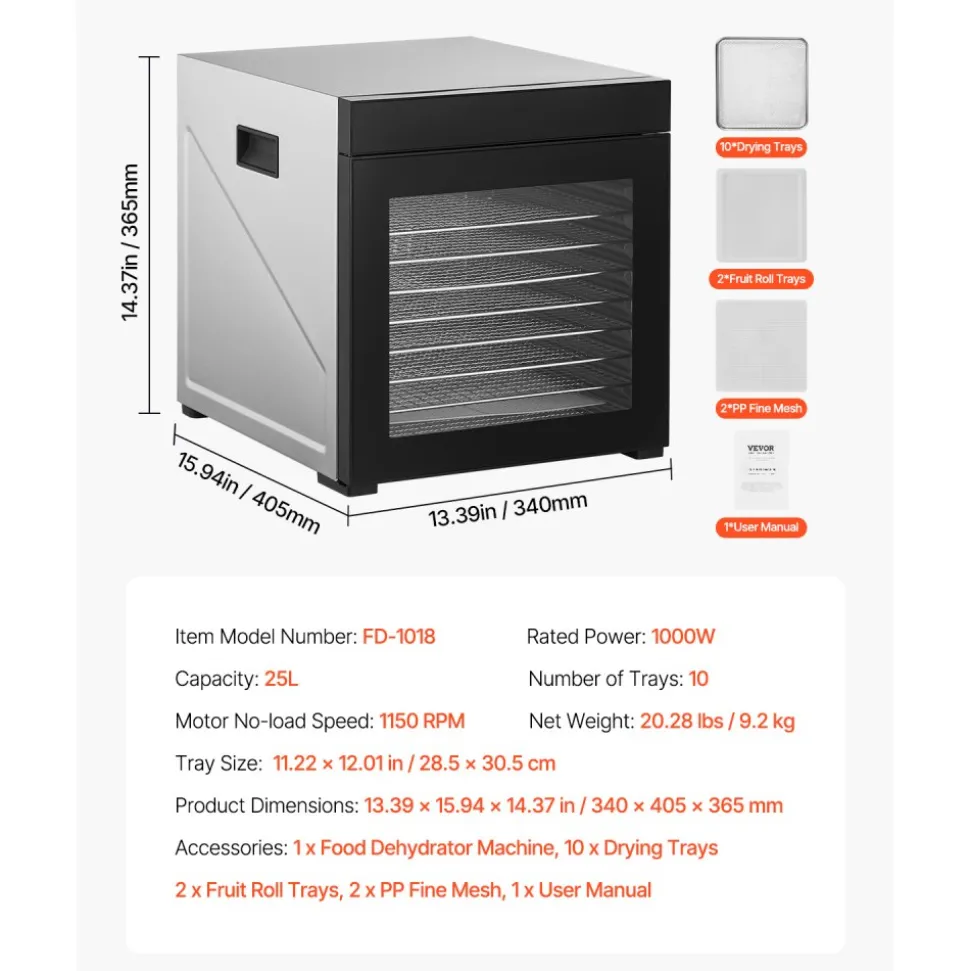 VEVOR Food Dehydrator Machine, 10 Stainless Steel Trays, 1000W Electric Food Dryer with Adjustable Temperature & 24-Hour Timer, Food-Dehydrator for Jerky, Meat, Fruit, Vegetables, Herbs, Dog Treats