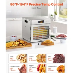 VEVOR Food Dehydrator Machine, 6 Stainless Steel Trays, 400W Electric Food Dryer with Adjustable Temperature & 24-Hour Timer, Freeze Dryer for Jerky, Meat, Fruit, Vegetables, Herbs, Dog Treats