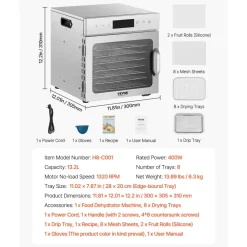 VEVOR Food Dehydrator Machine, 6 Stainless Steel Trays, 400W Electric Food Dryer with Adjustable Temperature & 24-Hour Timer, Freeze Dryer for Jerky, Meat, Fruit, Vegetables, Herbs, Dog Treats