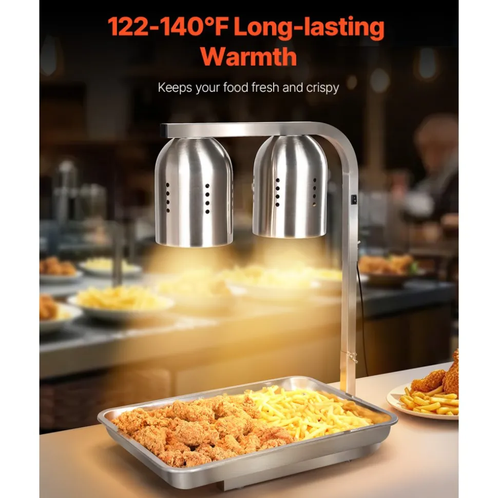 VEVOR Food Heat Lamp, 500W Bulbs, Commercial Food Warmer Light, Electric Stainless Steel French Fry Heating Lamp, Free-standing, Catering Food Warming Equipment for Kitchen Buffet Restaurant, Silver