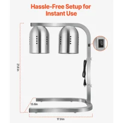 VEVOR Food Heat Lamp, 500W Bulbs, Commercial Food Warmer Light, Electric Stainless Steel French Fry Heating Lamp, Free-standing, Catering Food Warming Equipment for Kitchen Buffet Restaurant, Silver