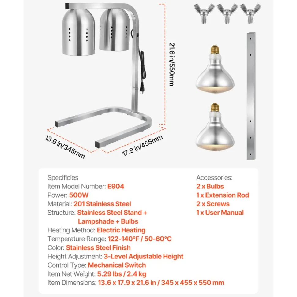 VEVOR Food Heat Lamp, 500W Bulbs, Commercial Food Warmer Light, Electric Stainless Steel French Fry Heating Lamp, Free-standing, Catering Food Warming Equipment for Kitchen Buffet Restaurant, Silver