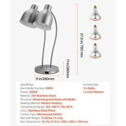 VEVOR Food Heat Lamp, 500W Electric Commercial Food Warmer Light, 2-Head Stainless Steel French Fry Heating Lamp with 3 Bulbs, Catering Food Warming Equipment for Kitchen, Buffet, Restaurant, Silver