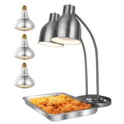 VEVOR Food Heat Lamp, 500W Electric Commercial Food Warmer Light, 2-Head Stainless Steel French Fry Heating Lamp with 3 Bulbs, Catering Food Warming Equipment for Kitchen, Buffet, Restaurant, Silver