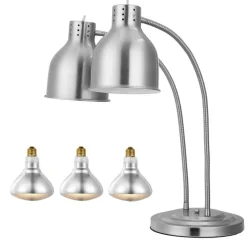 VEVOR Food Heat Lamp, 500W Electric Commercial Food Warmer Light, 2-Head Stainless Steel French Fry Heating Lamp with 3 Bulbs, Catering Food Warming Equipment for Kitchen, Buffet, Restaurant, Silver