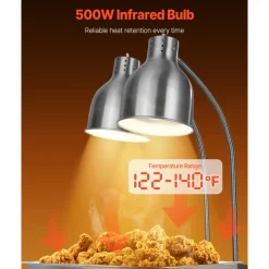 VEVOR Food Heat Lamp, 500W Electric Commercial Food Warmer Light, 2-Head Stainless Steel French Fry Heating Lamp with 3 Bulbs, Catering Food Warming Equipment for Kitchen, Buffet, Restaurant, Silver