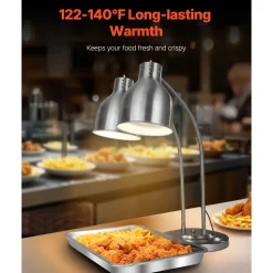 VEVOR Food Heat Lamp, 500W Electric Commercial Food Warmer Light, 2-Head Stainless Steel French Fry Heating Lamp with 3 Bulbs, Catering Food Warming Equipment for Kitchen, Buffet, Restaurant, Silver