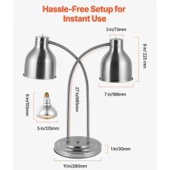 VEVOR Food Heat Lamp, 500W Electric Commercial Food Warmer Light, 2-Head Stainless Steel French Fry Heating Lamp with 3 Bulbs, Catering Food Warming Equipment for Kitchen, Buffet, Restaurant, Silver