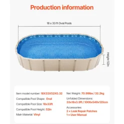 VEVOR 18-Foot-by-33-Foot Oval Pool Liner for Unibead Above Ground Swimming Pools, Standard Gauge, 52inch Wall Height