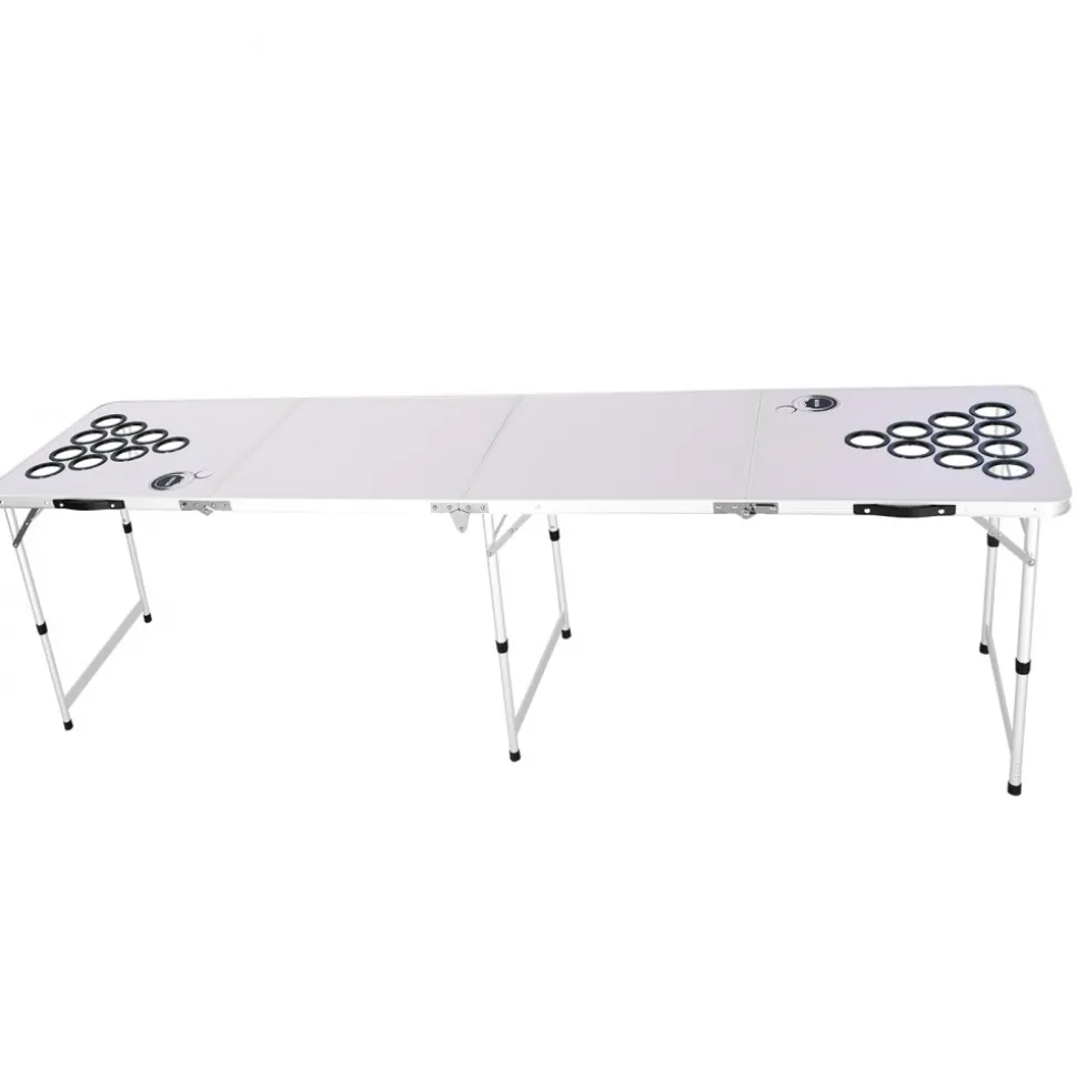 VEVOR 8 Foot Portable Beer Pong Table, Folding Tailgate Table, Cup Holes, Dry Erase Markers and Carrying Handles, Adjustable Height, Lightweight Table for Office, Tailgate Party & Camping, White
