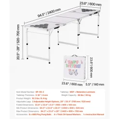 VEVOR 8 Foot Portable Beer Pong Table, Folding Tailgate Table, Cup Holes, Dry Erase Markers and Carrying Handles, Adjustable Height, Lightweight Table for Office, Tailgate Party & Camping, White