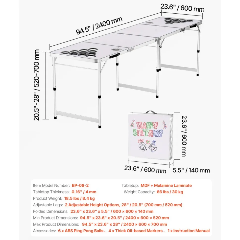 VEVOR 8 Foot Portable Beer Pong Table, Folding Tailgate Table, Cup Holes, Dry Erase Markers and Carrying Handles, Adjustable Height, Lightweight Table for Office, Tailgate Party & Camping, White