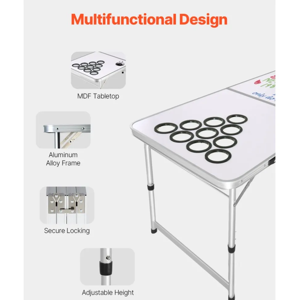 VEVOR 8 Foot Portable Beer Pong Table, Folding Tailgate Table, Cup Holes, Dry Erase Markers and Carrying Handles, Adjustable Height, Lightweight Table for Office, Tailgate Party & Camping, White