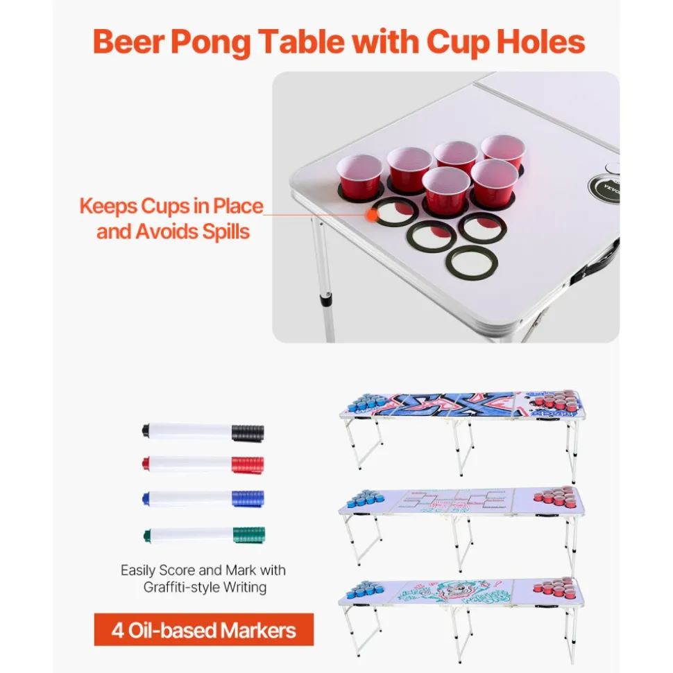 VEVOR 8 Foot Portable Beer Pong Table, Folding Tailgate Table, Cup Holes, Dry Erase Markers and Carrying Handles, Adjustable Height, Lightweight Table for Office, Tailgate Party & Camping, White