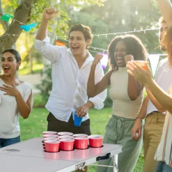 VEVOR 8 Foot Portable Beer Pong Table, Folding Tailgate Table, Cup Holes, Dry Erase Markers and Carrying Handles, Adjustable Height, Lightweight Table for Office, Tailgate Party & Camping, White