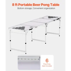 VEVOR 8 Foot Portable Beer Pong Table, Folding Tailgate Table, Cup Holes, Dry Erase Markers and Carrying Handles, Adjustable Height, Lightweight Table for Office, Tailgate Party & Camping, White