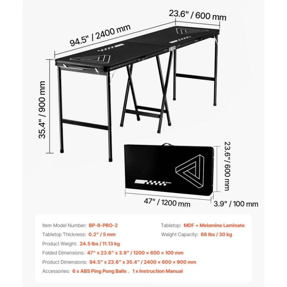 VEVOR 8 Foot Portable Beer Pong Table, Foldable 36 inch Heightened Table, Carrying Handles and 6 Pong Balls, Lightweight Tailgate Table for Office, Tailgate Party, Travel & Camping, Black