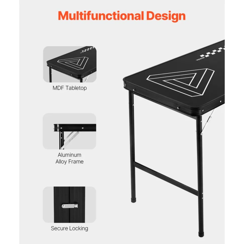 VEVOR 8 Foot Portable Beer Pong Table, Foldable 36 inch Heightened Table, Carrying Handles and 6 Pong Balls, Lightweight Tailgate Table for Office, Tailgate Party, Travel & Camping, Black