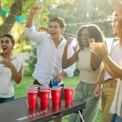 VEVOR 8 Foot Portable Beer Pong Table, Foldable 36 inch Heightened Table, Carrying Handles and 6 Pong Balls, Lightweight Tailgate Table for Office, Tailgate Party, Travel & Camping, Black