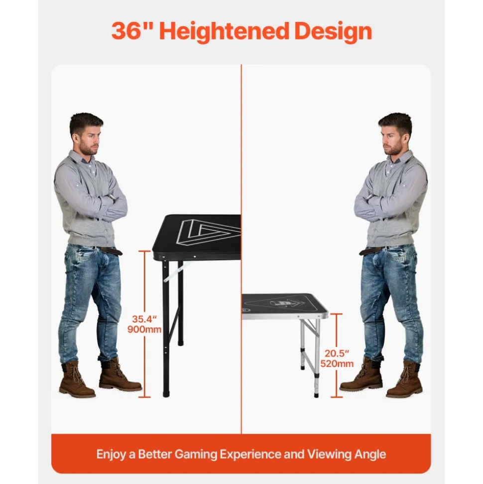 VEVOR 8 Foot Portable Beer Pong Table, Foldable 36 inch Heightened Table, Carrying Handles and 6 Pong Balls, Lightweight Tailgate Table for Office, Tailgate Party, Travel & Camping, Black