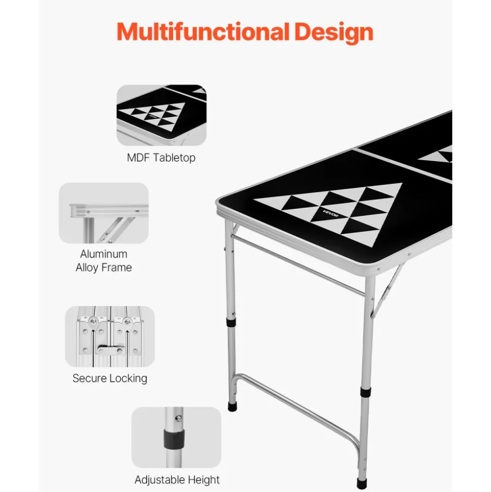 VEVOR 8 Foot Portable Beer Pong Table, Foldable Tailgate Table,Carrying Handles and 6 Pong Balls, Adjustable Height, Lightweight Table for Office, Tailgate Party, Travel and Camping, Black