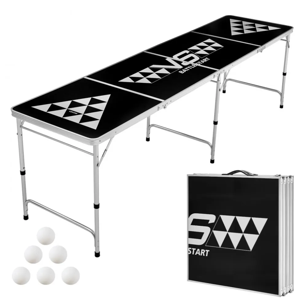 VEVOR 8 Foot Portable Beer Pong Table, Foldable Tailgate Table,Carrying Handles and 6 Pong Balls, Adjustable Height, Lightweight Table for Office, Tailgate Party, Travel and Camping, Black