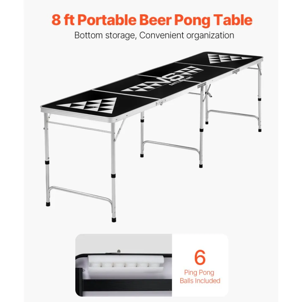 VEVOR 8 Foot Portable Beer Pong Table, Foldable Tailgate Table,Carrying Handles and 6 Pong Balls, Adjustable Height, Lightweight Table for Office, Tailgate Party, Travel and Camping, Black