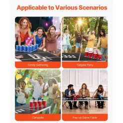 VEVOR 8 Foot Portable Beer Pong Table, Foldable Tailgate Table,Carrying Handles and 6 Pong Balls, Adjustable Height, Lightweight Table for Office, Tailgate Party, Travel and Camping, Black