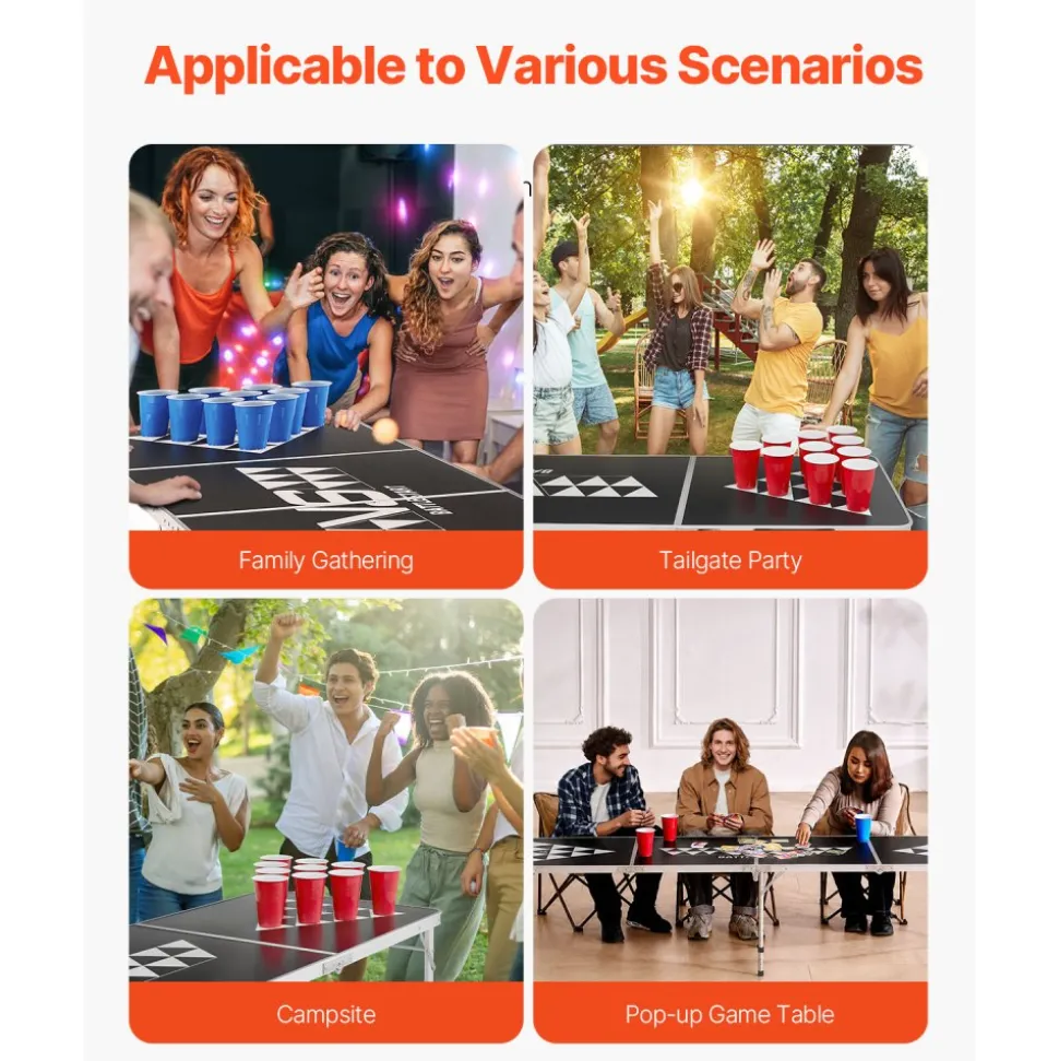 VEVOR 8 Foot Portable Beer Pong Table, Foldable Tailgate Table,Carrying Handles and 6 Pong Balls, Adjustable Height, Lightweight Table for Office, Tailgate Party, Travel and Camping, Black