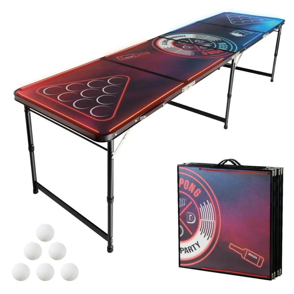 VEVOR 8 Foot Portable Beer Pong Table, LED Lights, Foldable Tailgate Table with Carrying Handles and 6 Pong Balls, Adjustable Height, Lightweight Table for Office, Tailgate Party, Travel & Camping