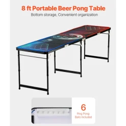 VEVOR 8 Foot Portable Beer Pong Table, LED Lights, Foldable Tailgate Table with Carrying Handles and 6 Pong Balls, Adjustable Height, Lightweight Table for Office, Tailgate Party, Travel & Camping
