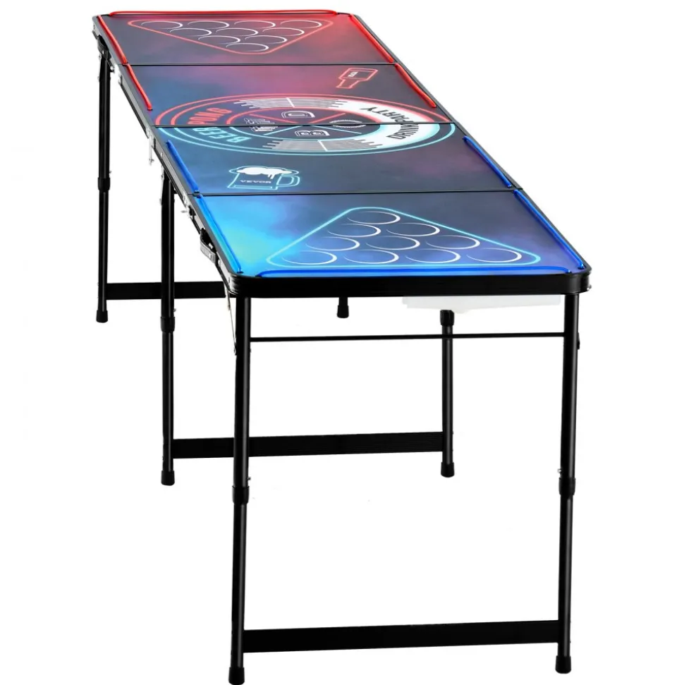 VEVOR 8 Foot Portable Beer Pong Table, LED Lights, Foldable Tailgate Table with Carrying Handles and 6 Pong Balls, Adjustable Height, Lightweight Table for Office, Tailgate Party, Travel & Camping