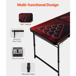 VEVOR 8 Foot Portable Beer Pong Table, LED Lights, Foldable Tailgate Table with Carrying Handles and 6 Pong Balls, Adjustable Height, Lightweight Table for Office, Tailgate Party, Travel & Camping