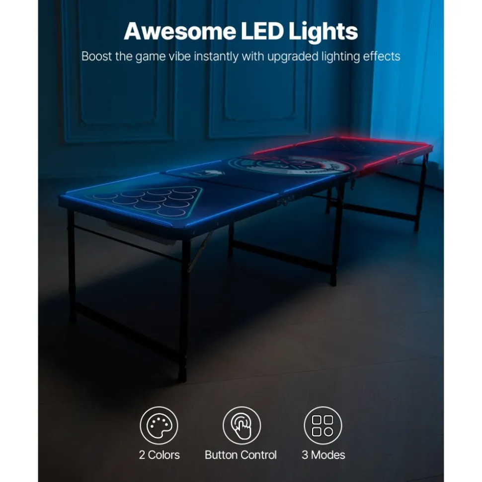 VEVOR 8 Foot Portable Beer Pong Table, LED Lights, Foldable Tailgate Table with Carrying Handles and 6 Pong Balls, Adjustable Height, Lightweight Table for Office, Tailgate Party, Travel & Camping