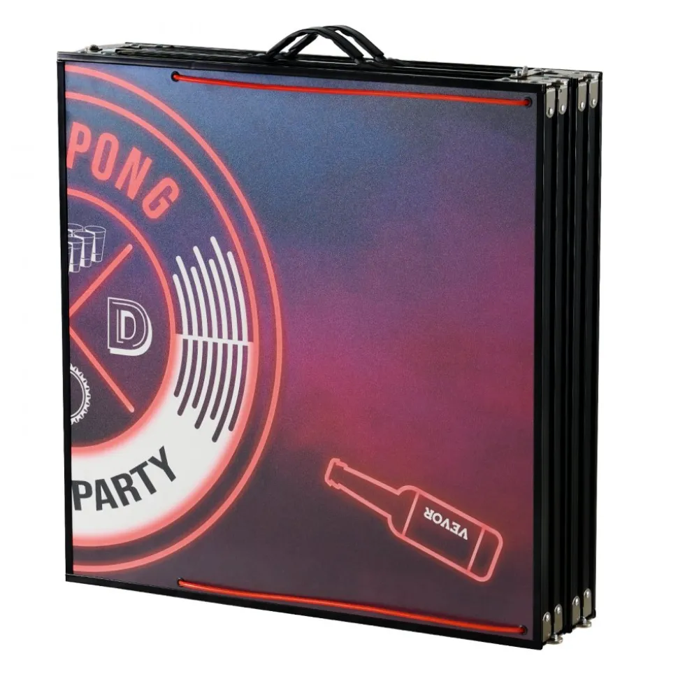 VEVOR 8 Foot Portable Beer Pong Table, LED Lights, Foldable Tailgate Table with Carrying Handles and 6 Pong Balls, Adjustable Height, Lightweight Table for Office, Tailgate Party, Travel & Camping