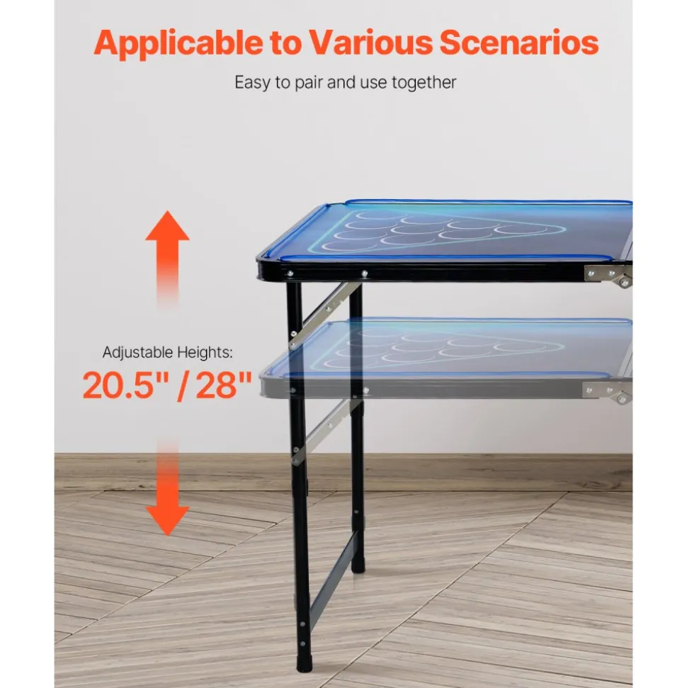 VEVOR 8 Foot Portable Beer Pong Table, LED Lights, Foldable Tailgate Table with Carrying Handles and 6 Pong Balls, Adjustable Height, Lightweight Table for Office, Tailgate Party, Travel & Camping