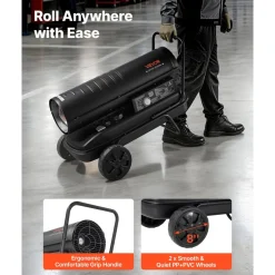 VEVOR Forced Air Kerosene Heater, 125000 BTU Diesel Torpedo Space Heater, for Garage, Warehouse, Workshop, Job Site, Construction, Flexible Move with Wheels & Thermostat Control, Carbon Steel, Black