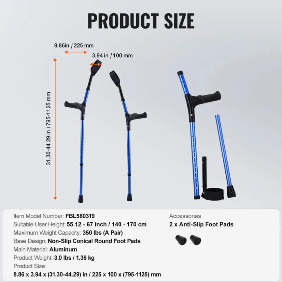 VEVOR Forearm Crutches for Adults, 11-Level Height Adjustable Walking Crutches with 4-Level Upper Cuff, Lightweight Aluminum Medical Support Crutches for Leg Injury Surgery Disabled, 1 Pair (350LBS)