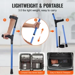 VEVOR Forearm Crutches for Adults, 11-Level Height Adjustable Walking Crutches with 4-Level Upper Cuff, Lightweight Aluminum Medical Support Crutches for Leg Injury Surgery Disabled, 1 Pair (350LBS)