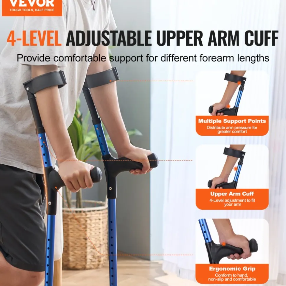 VEVOR Forearm Crutches for Adults, 11-Level Height Adjustable Walking Crutches with 4-Level Upper Cuff, Lightweight Aluminum Medical Support Crutches for Leg Injury Surgery Disabled, 1 Pair (350LBS)