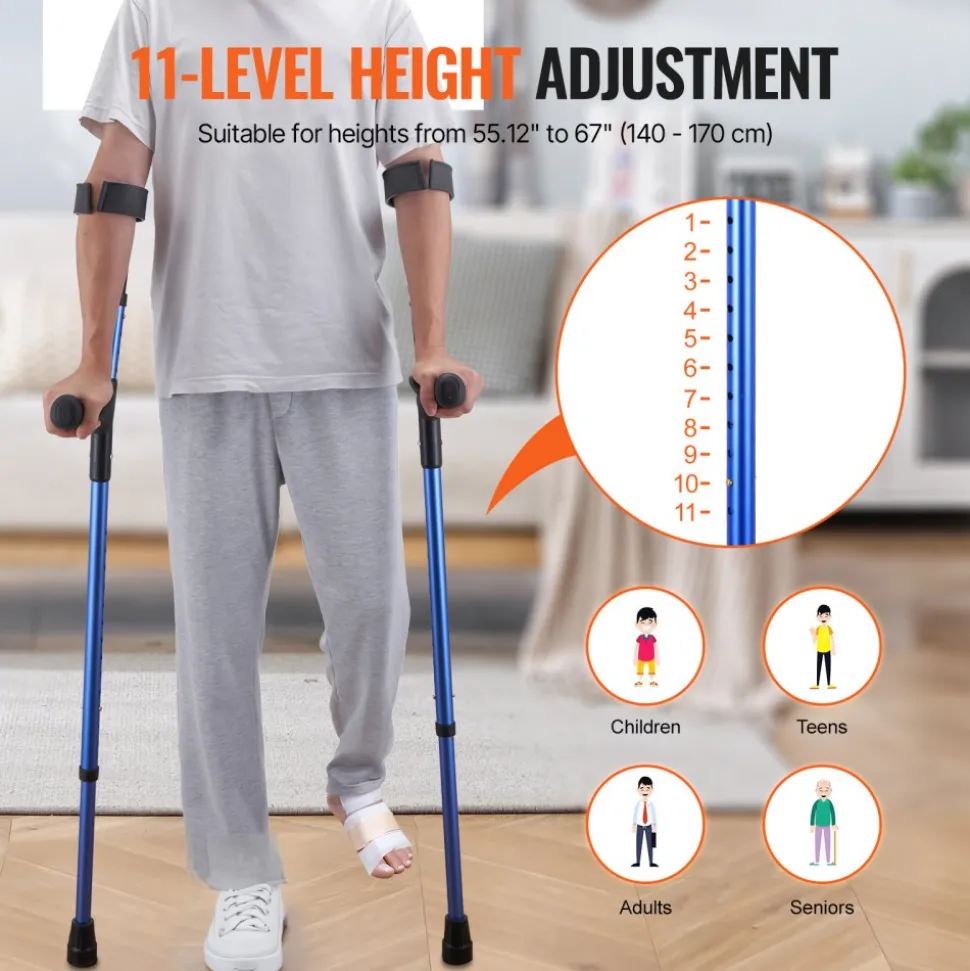 VEVOR Forearm Crutches for Adults, 11-Level Height Adjustable Walking Crutches with 4-Level Upper Cuff, Lightweight Aluminum Medical Support Crutches for Leg Injury Surgery Disabled, 1 Pair (350LBS)