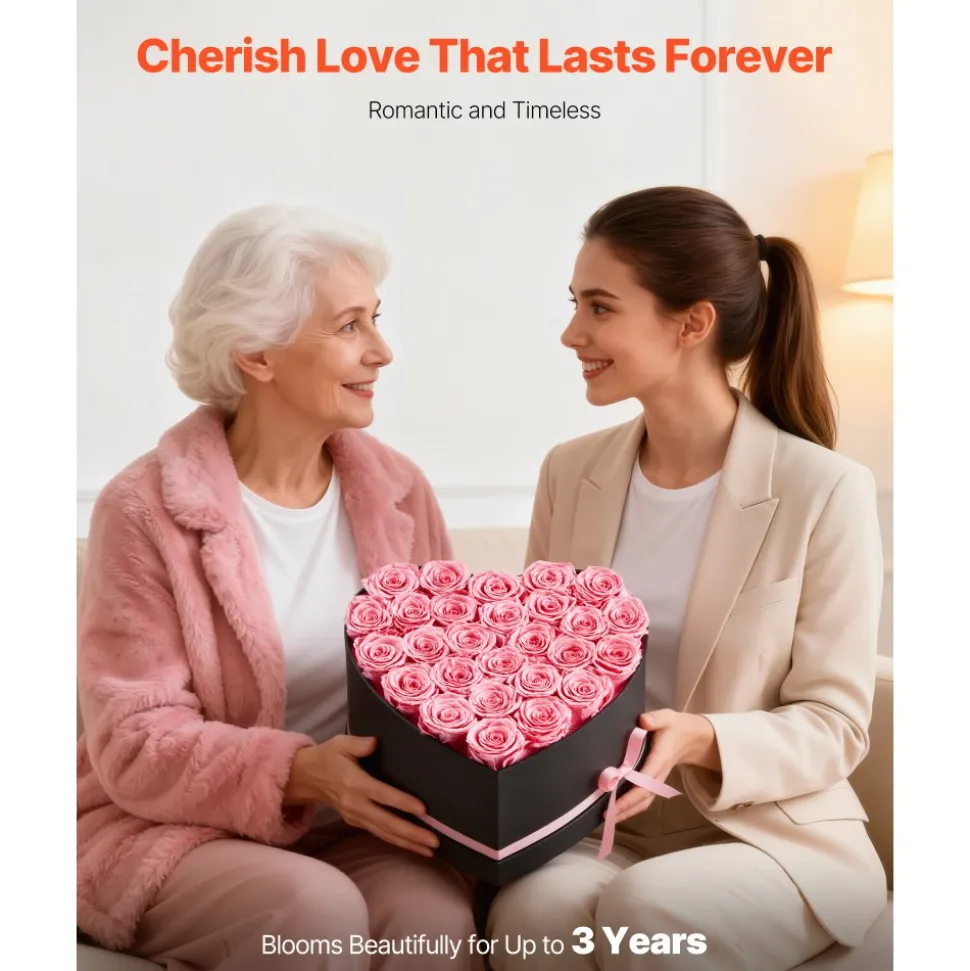 VEVOR Forever Flowers, 27 Preserved Roses in a Heart Shape Box, Eternal Flowers Immortal Bouquet Birthday Present for Women Her Wife Mothers, Anniversary, Valentine's Day,Christmas, Pink