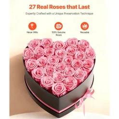 VEVOR Forever Flowers, 27 Preserved Roses in a Heart Shape Box, Eternal Flowers Immortal Bouquet Birthday Present for Women Her Wife Mothers, Anniversary, Valentine's Day,Christmas, Pink