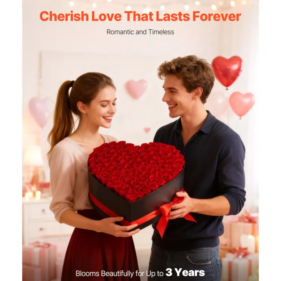 VEVOR Forever Flowers, 100 Preserved Roses in a Heart Shape Box, Eternal Flowers Immortal Bouquet Birthday Present for Women Her Wife Mothers, Anniversary, Valentine's Day,Christmas, Red